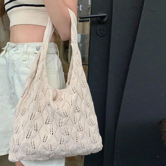 Women's Beige 3 Crochet Bag Cute Mesh Summer Knitted Shoulder Beach Tote Bags - Picture 6 of 6